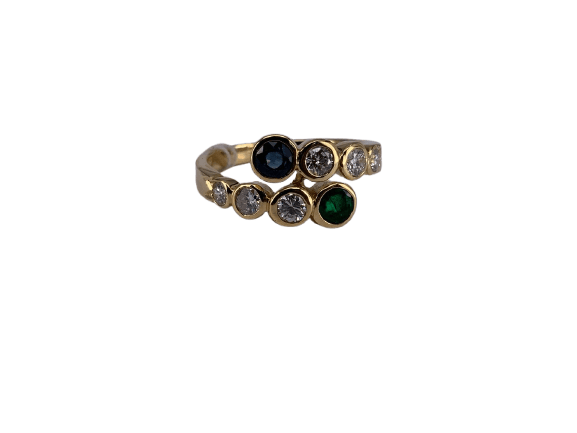 54 Bague Toi et Moi en or jaune, émeraude, saphir et diamant 58 Facettes BA 70