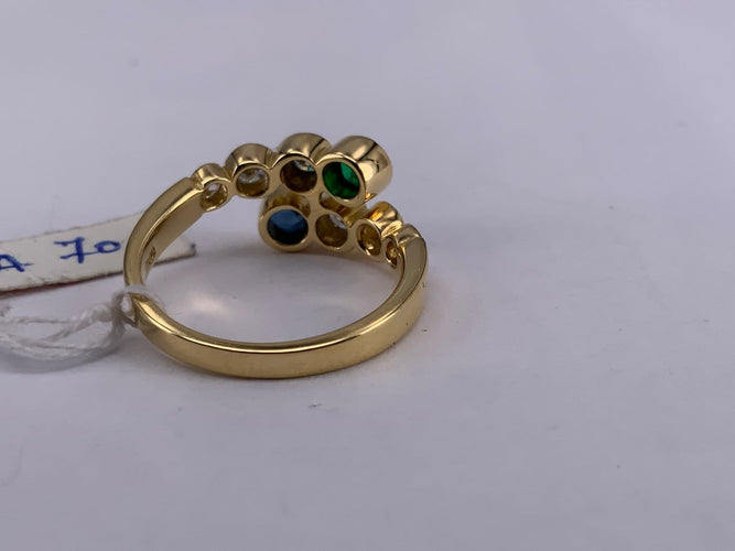 54 Bague Toi et Moi en or jaune, émeraude, saphir et diamant 58 Facettes BA 70