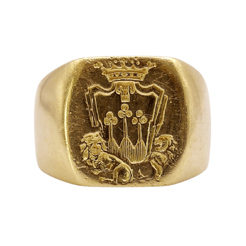 Chevalière antique - Bague sceau en or 18k à blason