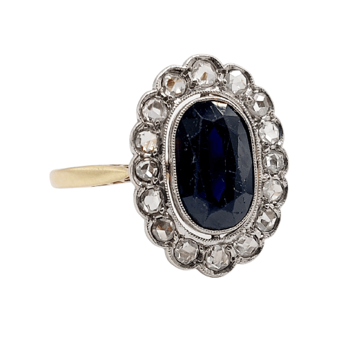 Bague marguerite antique en or 18k, saphir et diamants taille rose