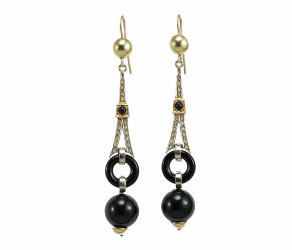 Art déco - Boucles d'oreilles en or, onyx et diamants 58 Facettes 3838