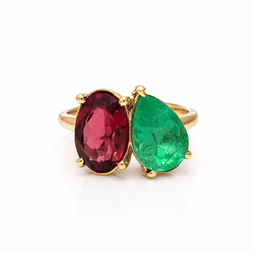 Bague 52 Toi et Moi - Bague en or jaune, émeraude et grenat rhodolite 58 Facettes 50485