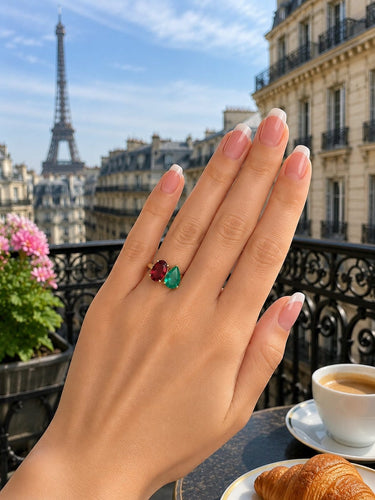 Bague 52 Toi et Moi - Bague en or jaune, émeraude et grenat rhodolite 58 Facettes 50485