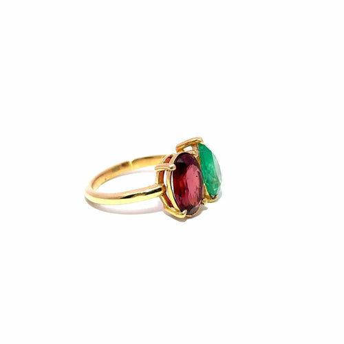 Bague 52 Toi et Moi - Bague en or jaune, émeraude et grenat rhodolite 58 Facettes 50485
