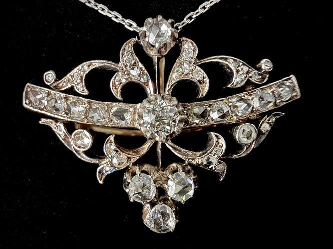 Belle Époque - Broche pendentif en or jaune, platine et diamants 58 Facettes Broche 2