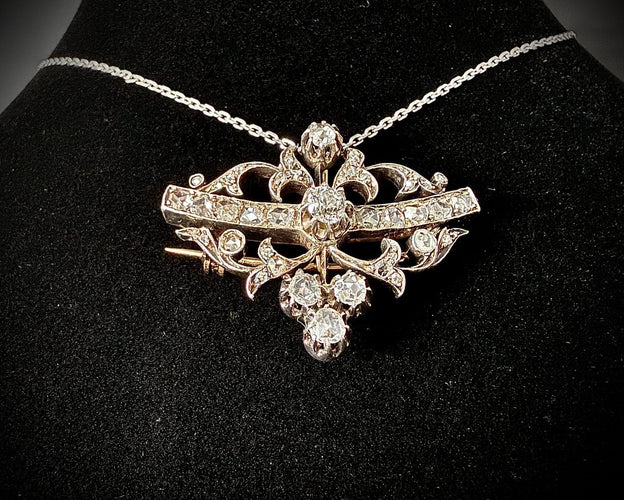 Belle Époque - Broche pendentif en or jaune, platine et diamants 58 Facettes Broche 2