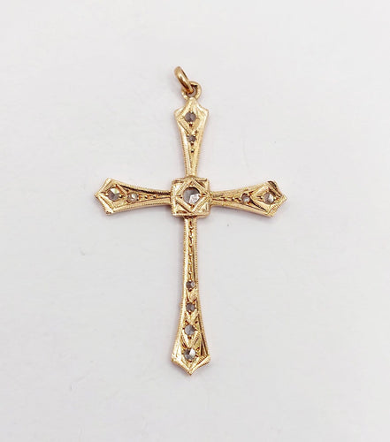 Pendentif croix antique en or rose 18k et diamants taille rose 58 Facettes A07607