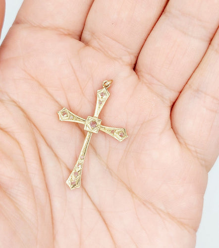 Pendentif croix antique en or rose 18k et diamants taille rose 58 Facettes A07607