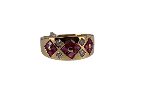 Bague trio fleur en or jaune, rubis et diamant