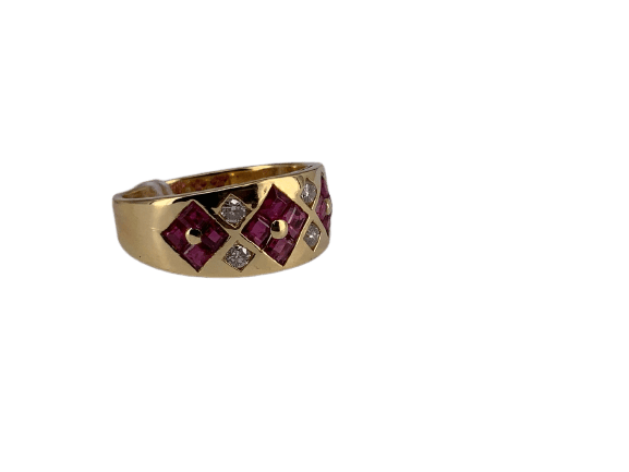 Bague trio fleur en or jaune, rubis et diamant