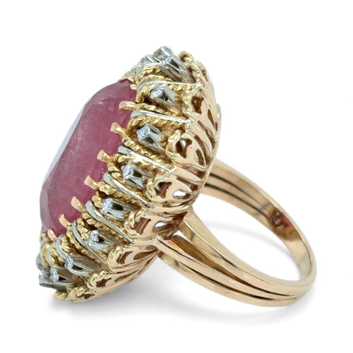 Bague 52 Bague cocktail vintage en or rose et blanc 18k, rubellite 12 ct et diamants 58 Facettes