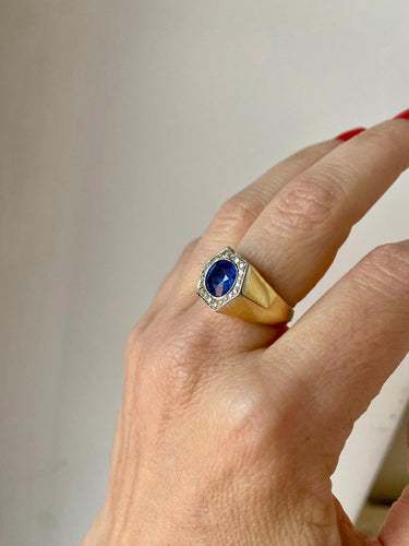 Art déco - Bague saphir et diamants en platine et or jaune