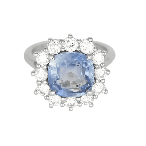 53.5 Bague marguerite en or blanc, saphir Ceylan et diamants 58 Facettes EB10