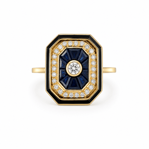 56 Bague halo en or jaune avec saphirs et diamants 58 Facettes 50492