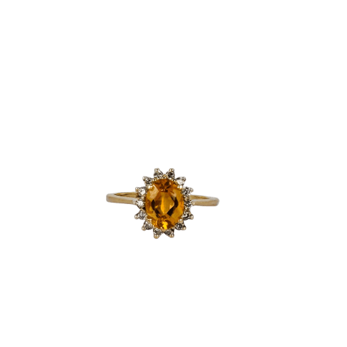 Bague entourage vintage en or jaune 14K, citrine et diamants