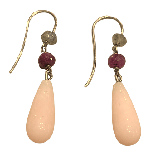 Boucles d'oreilles en or blanc, opales, labradorites et rubis 58 Facettes T241