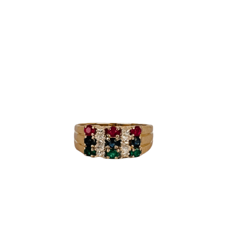 Bague vintage triple rang en or jaune 14K, rubis, saphirs, émeraudes et diamants