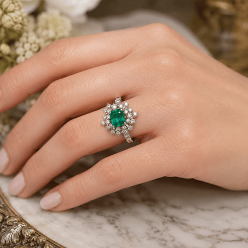 54 Bague en or blanc 18 kt avec émeraude et diamants 58 Facettes AN730 (0599)