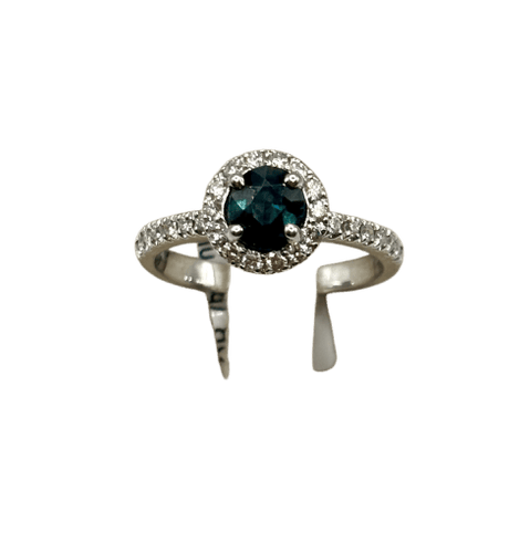 Solitaire Halo - Bague en or gris avec saphir teal et diamants