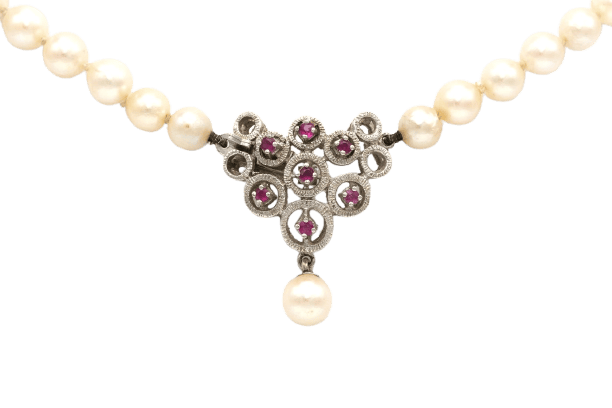 Collier Collier années 70 en or blanc, perles et rubis 58 Facettes B278