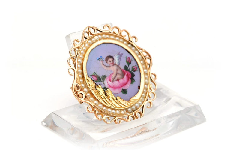 Broche Napoléon III - Broche en or jaune 18 carats, émail et perles 58 Facettes B750
