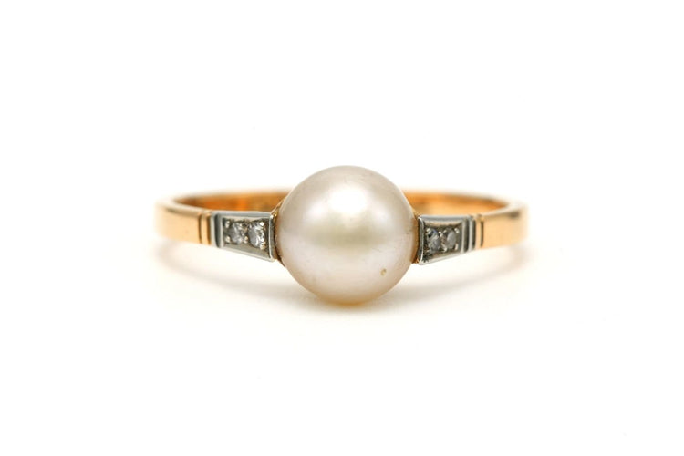 55 Art Déco - Bague en or jaune et blanc, perle et diamants 58 Facettes 22867