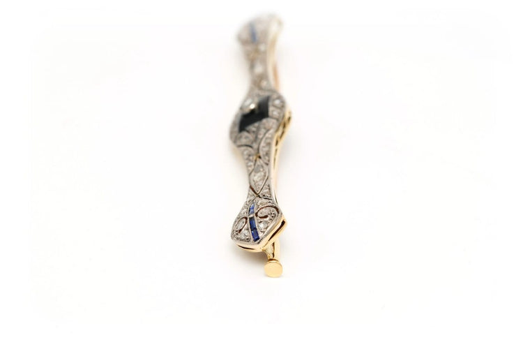 Broche Broche Art Déco en or jaune et blanc, onyx, saphirs et diamants 58 Facettes 23114
