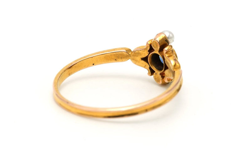 51 Art Nouveau - Bague en or jaune 14 carats, saphir et perles 58 Facettes 23299