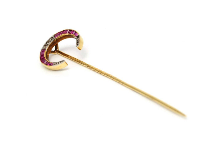 Broche Broche Art nouveau en or jaune 18 carats, rubis et diamants taille rose 58 Facettes B813