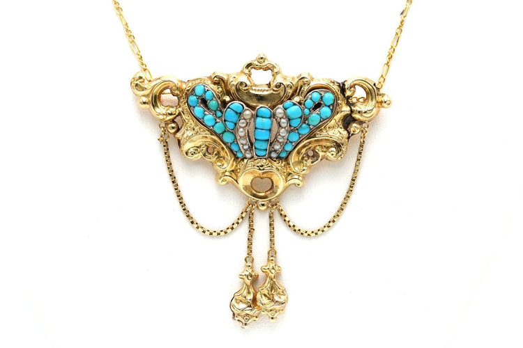 Collier Napoléon III - Collier en or jaune, perles et turquoises 58 Facettes 23352
