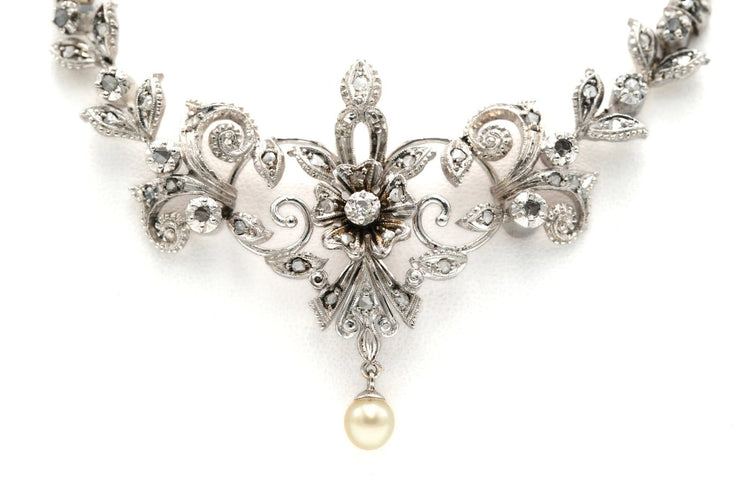 Collier Collier Art nouveau en or jaune et blanc 18 carats, diamants et perle 58 Facettes 23690