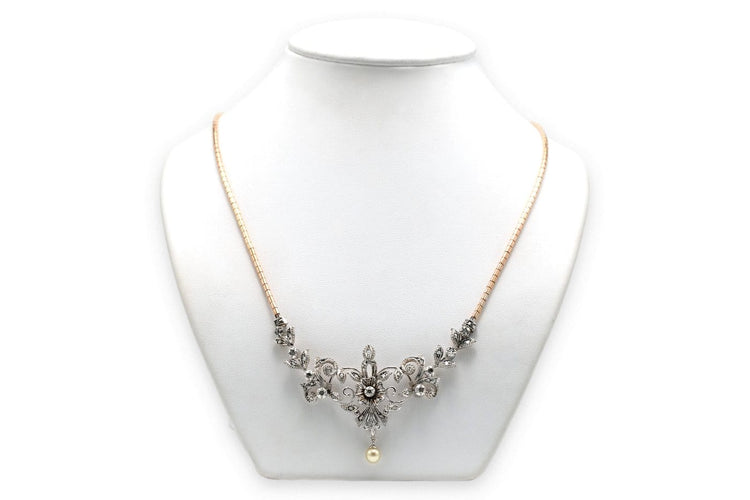 Collier Collier Art nouveau en or jaune et blanc 18 carats, diamants et perle 58 Facettes 23690