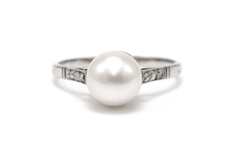 Bague 57 Art Déco - Bague en or blanc, diamants 8/8 et perle 58 Facettes B854