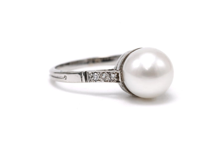 Bague 57 Art Déco - Bague en or blanc, diamants 8/8 et perle 58 Facettes B854