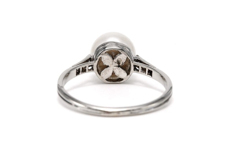 Bague 57 Art Déco - Bague en or blanc, diamants 8/8 et perle 58 Facettes B854