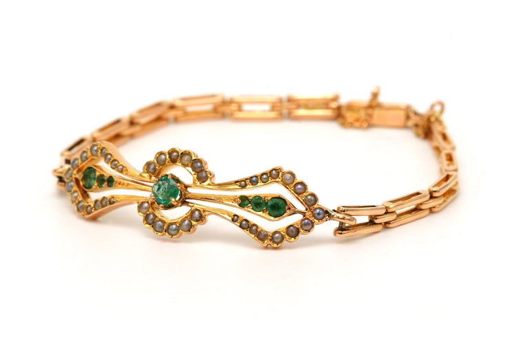 Bracelet Art Nouveau - Bracelet en or jaune 18 carats, émeraudes et perles 58 Facettes 23682