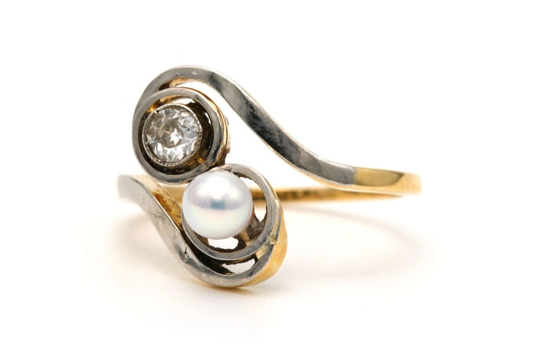 Bague 54 Bague Art nouveau, or blanc et jaune 18 carats, perle et diamants taille ancienne 58 Facettes B882