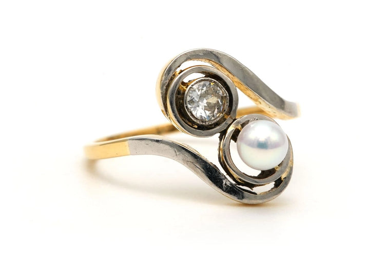 Bague 54 Bague Art nouveau, or blanc et jaune 18 carats, perle et diamants taille ancienne 58 Facettes B882