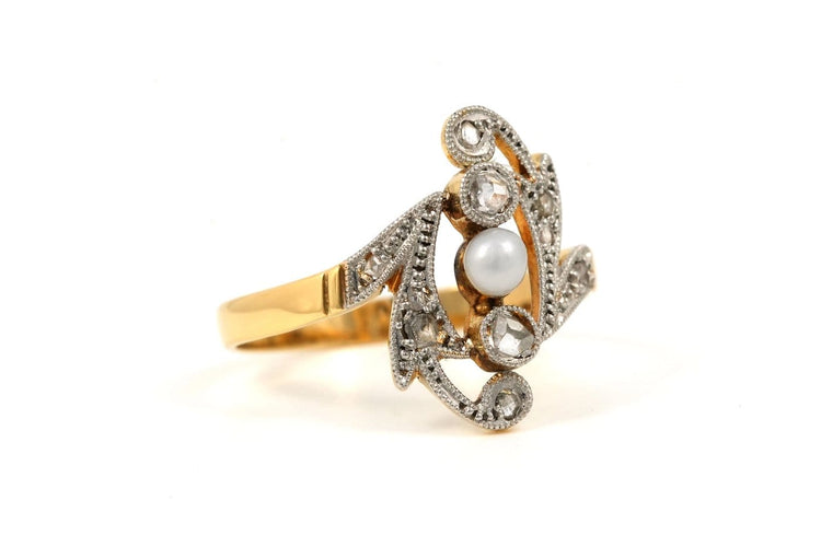 Bague 54 Art Nouveau - Bague en or jaune avec perle et diamants 58 Facettes B883