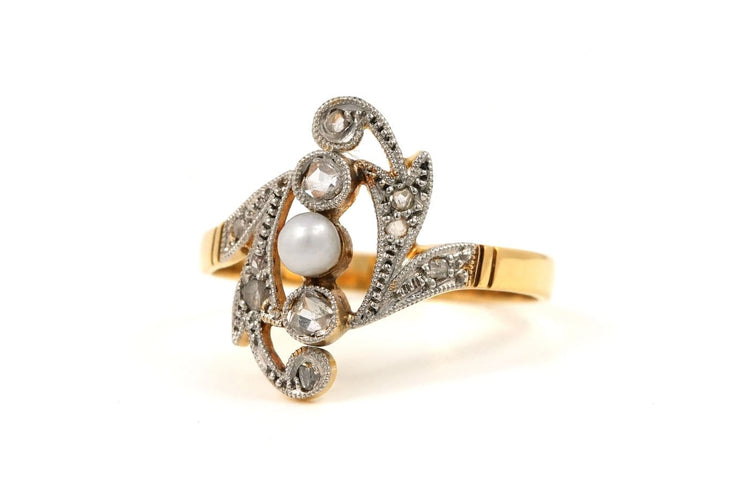 Bague 54 Art Nouveau - Bague en or jaune avec perle et diamants 58 Facettes B883