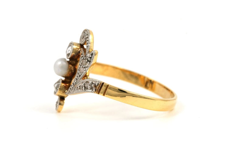 Bague 54 Art Nouveau - Bague en or jaune avec perle et diamants 58 Facettes B883