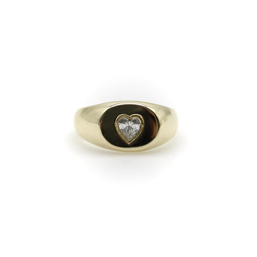 Bague 53 Signature - Chevalière ovale en or 14K et diamant cœur 58 Facettes 11188