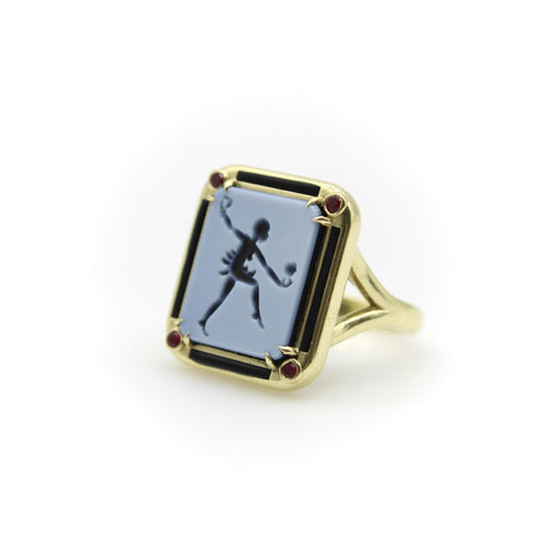 Bague 54 Josephine Baker - Bague intaille agate en or 18 ct, émail et rubis 58 Facettes 11189