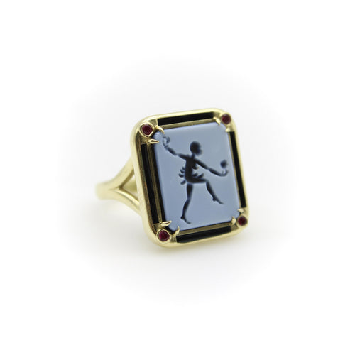Bague 54 Josephine Baker - Bague intaille agate en or 18 ct, émail et rubis 58 Facettes 11189