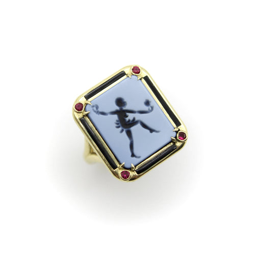 Bague 54 Josephine Baker - Bague intaille agate en or 18 ct, émail et rubis 58 Facettes 11189