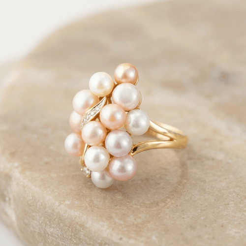 Bague grappe de perles en or jaune 585 et diamants 58 Facettes HJ062639
