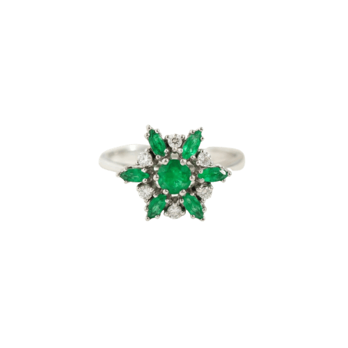 56 Bague fleur en or blanc 750 avec émeraudes et diamants 58 Facettes HJ062625