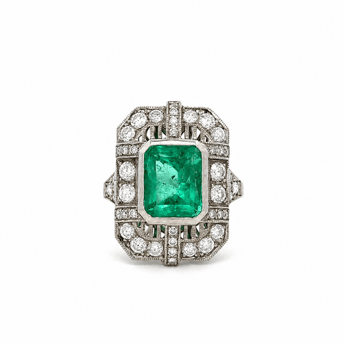 55 The Crown of Muzu - Bague Art déco en or blanc, émeraude et diamants 58 Facettes 50496