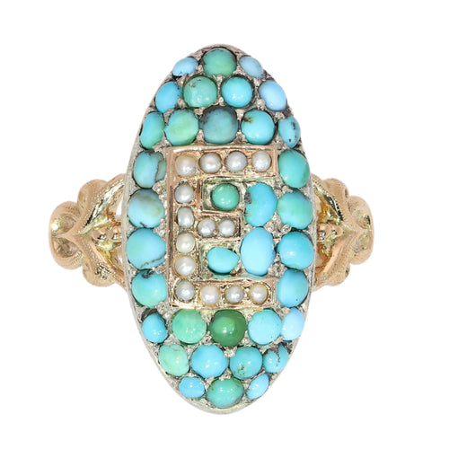 26106-0420.p03_A Grand Victorian Letter E Ring in Turquoise  Pearl and Gold  circa 1870-en.jpg