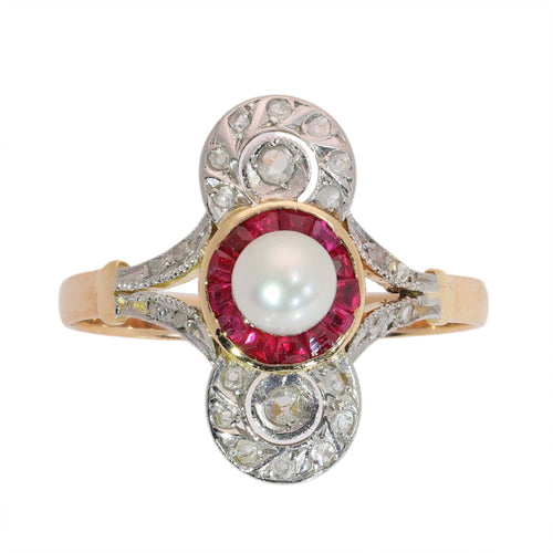 54 Belle Époque-Art déco - Bague en or jaune, perle, rubis et diamants 58 Facettes 26106-0425
